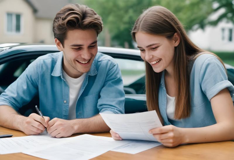 Bilförsäkring för ungdomar. Två ungdomar jämför bilförsäkringar för att ta ett bra beslut.